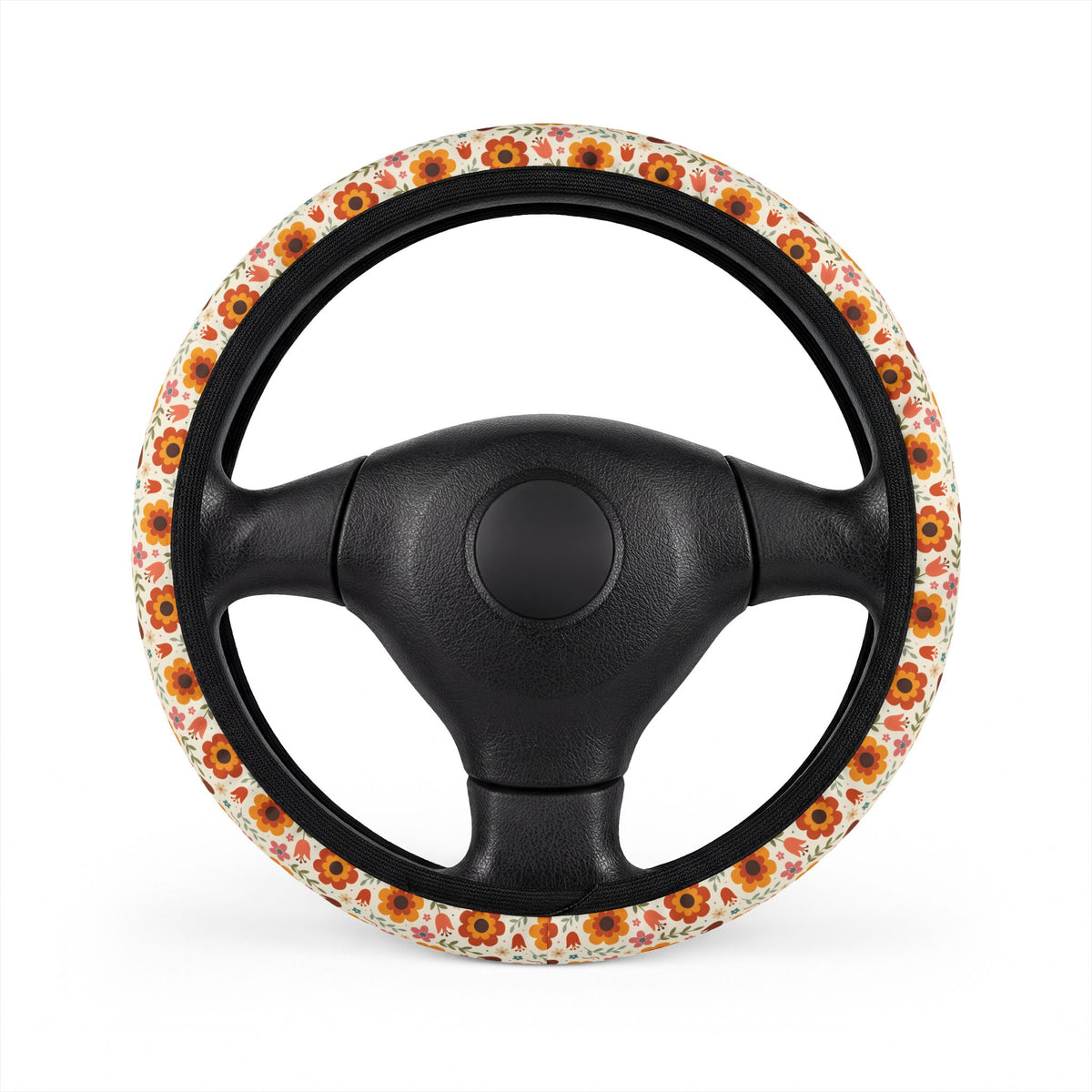 Retro orange flower print steering wheel cover, on a steering wheel