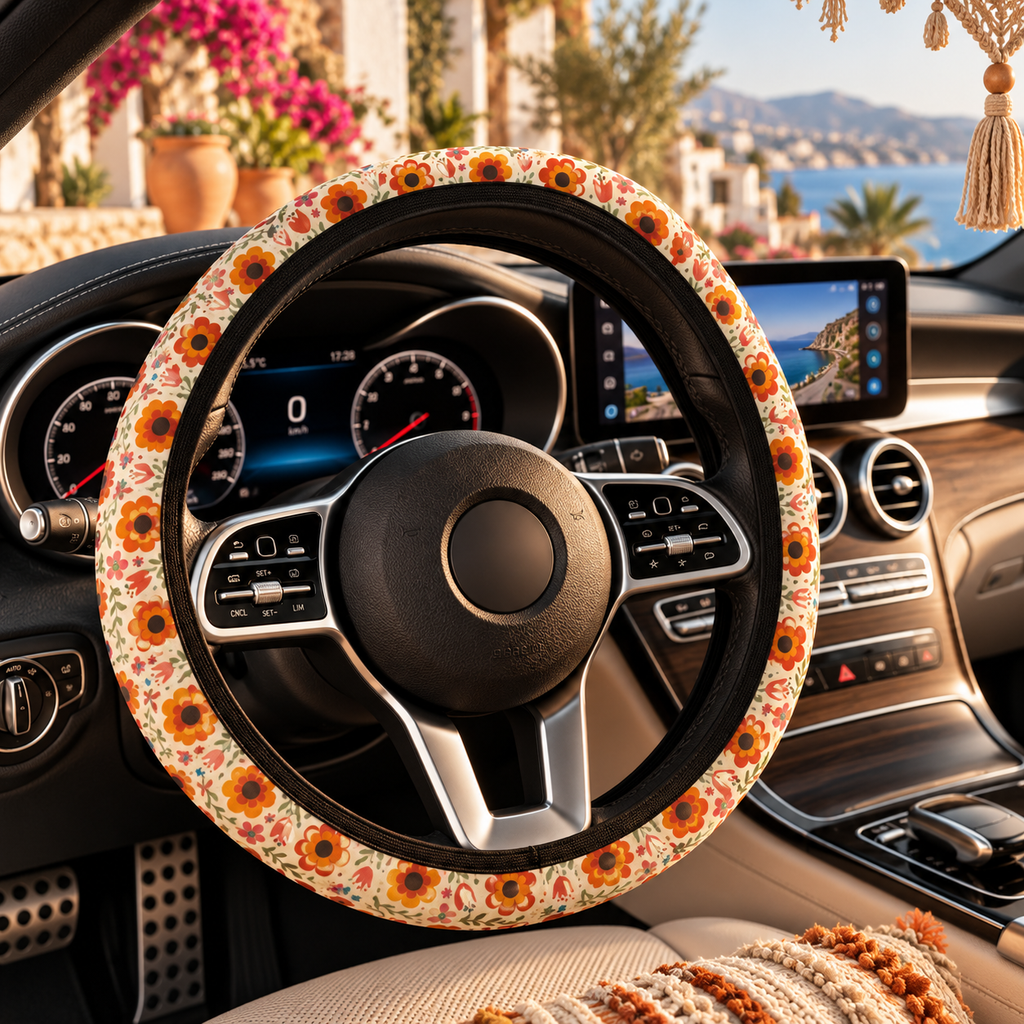 Retro orange flower print steering wheel cover shown in a car interior