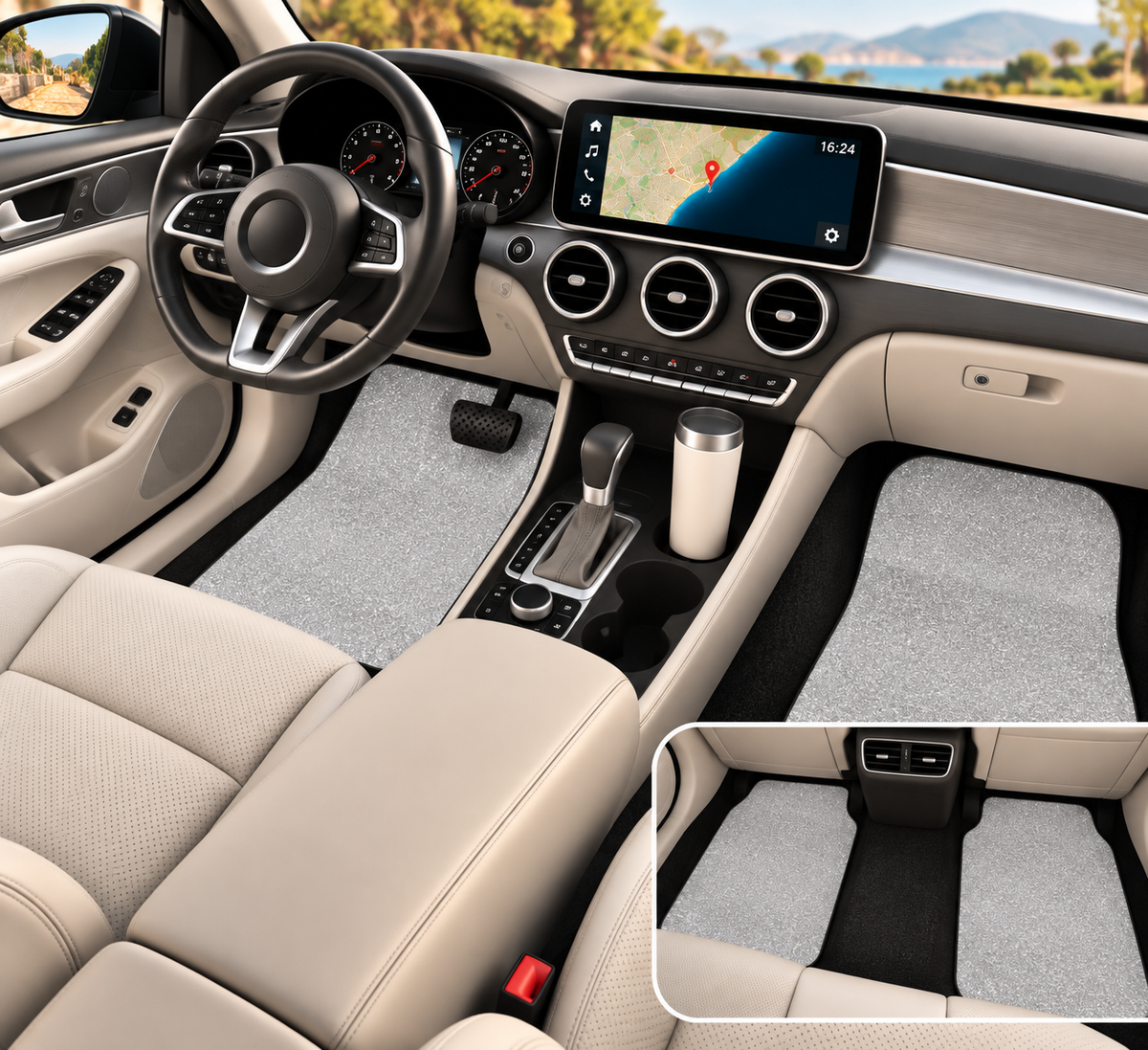 Silver rainbow glitter car mats shown in a car interior