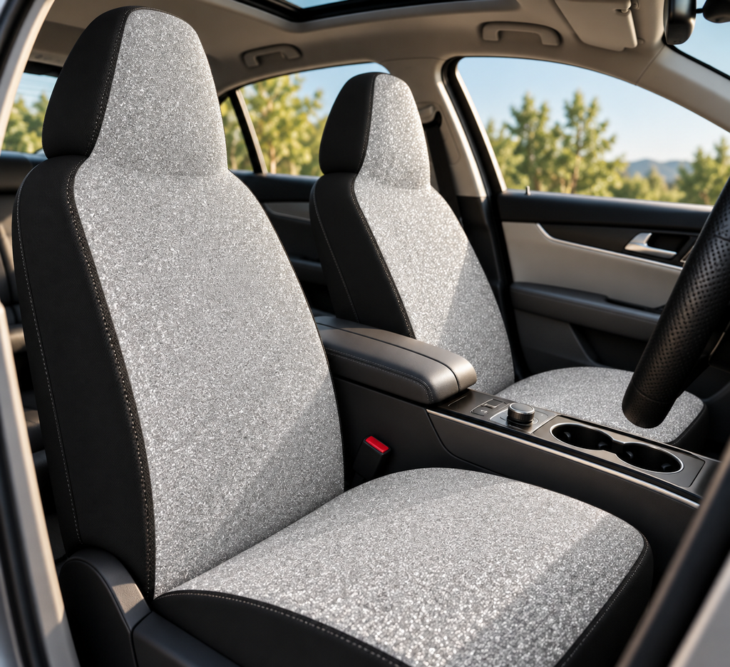 Silver rainbow glitter car seat covers shown in a car interior