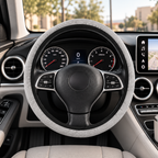 Silver rainbow glitter steering wheel cover shown in a car interior