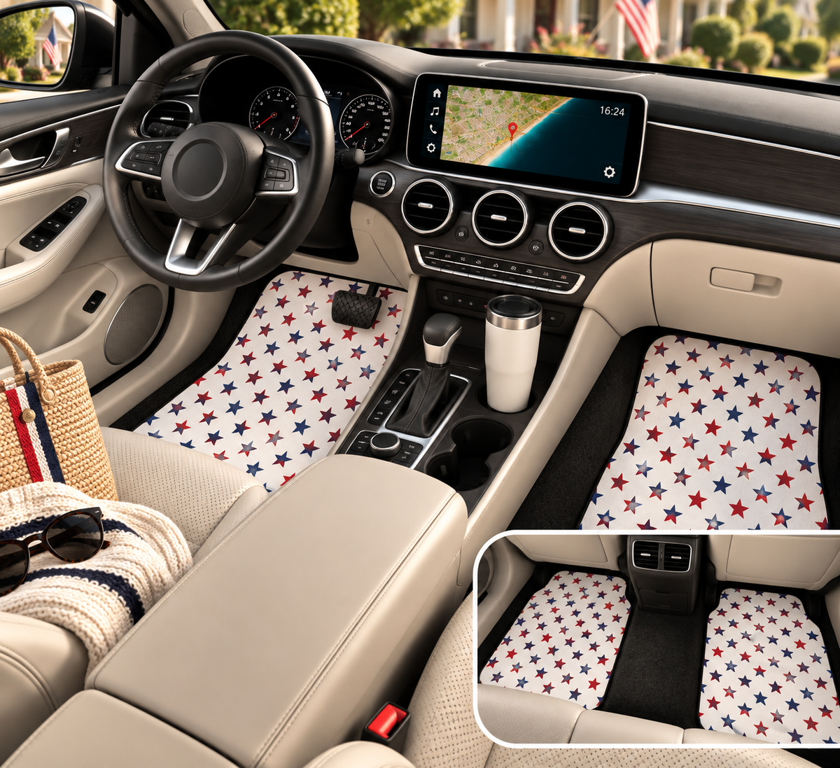 Star American flag car mats shown in a car interior
