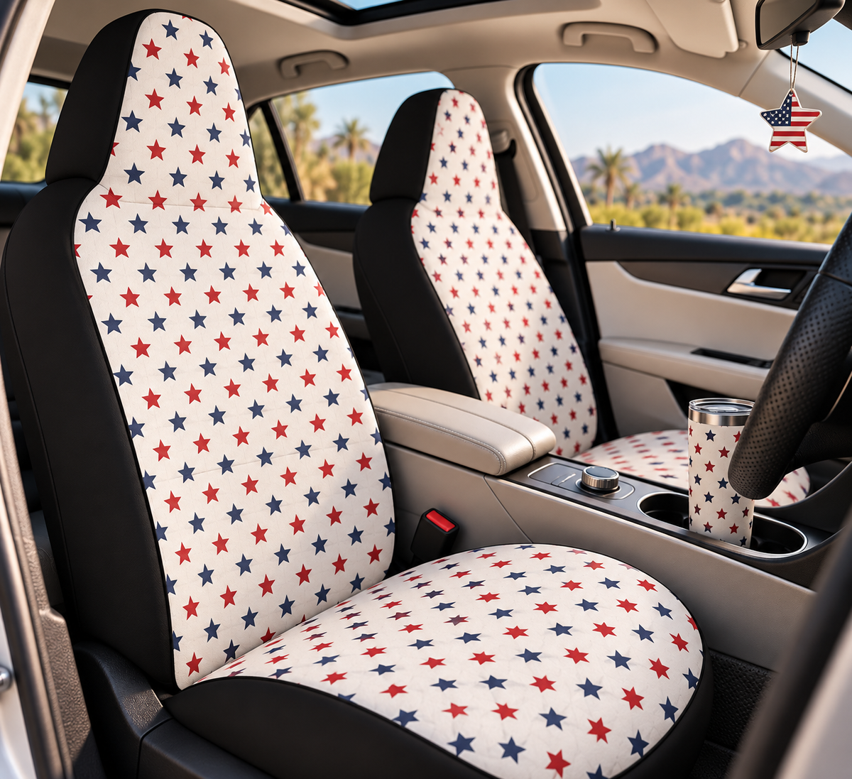 Star American flag car seat covers shown in a car interior