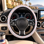 Star American flag steering wheel cover shown in a car interior
