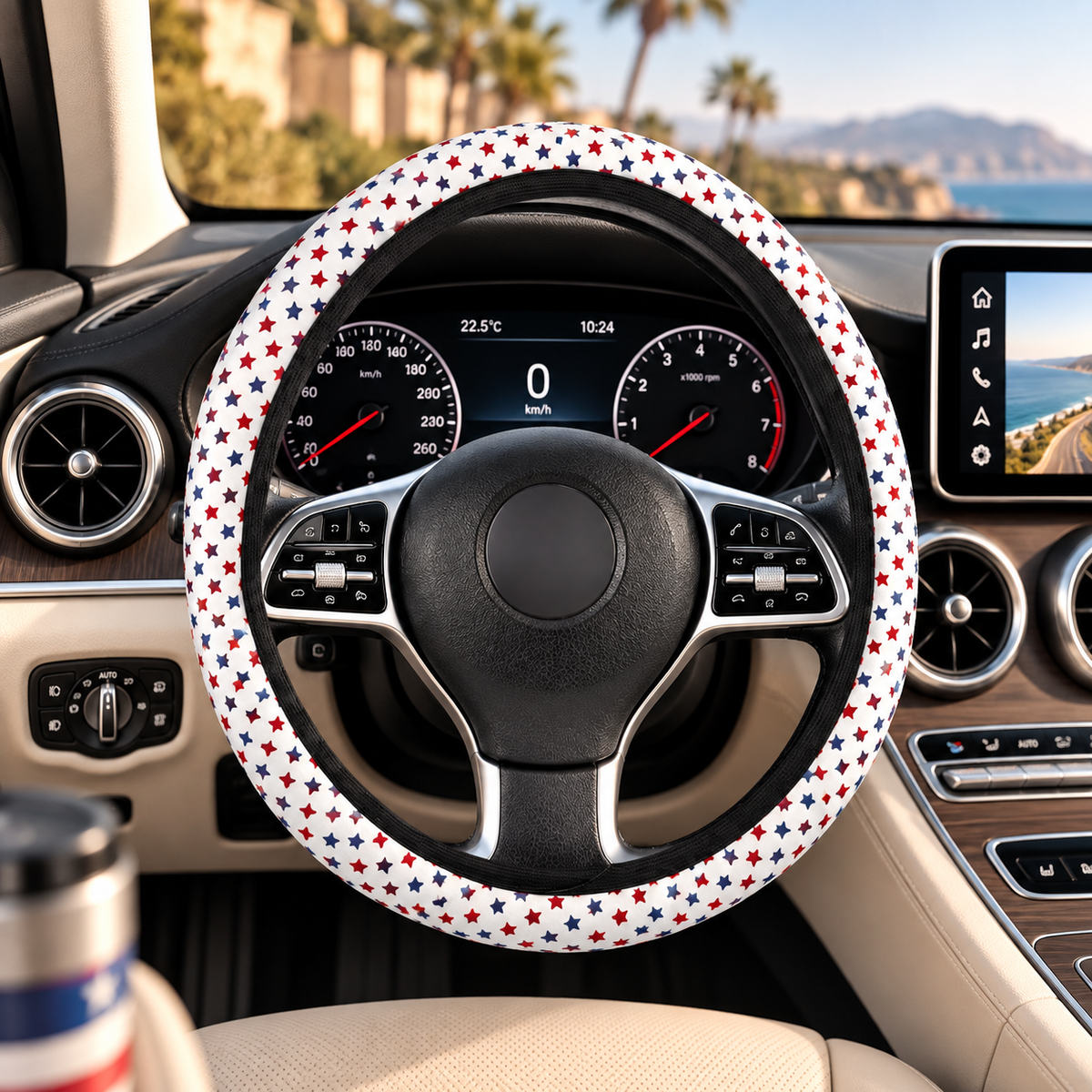 Star American flag steering wheel cover shown in a car interior