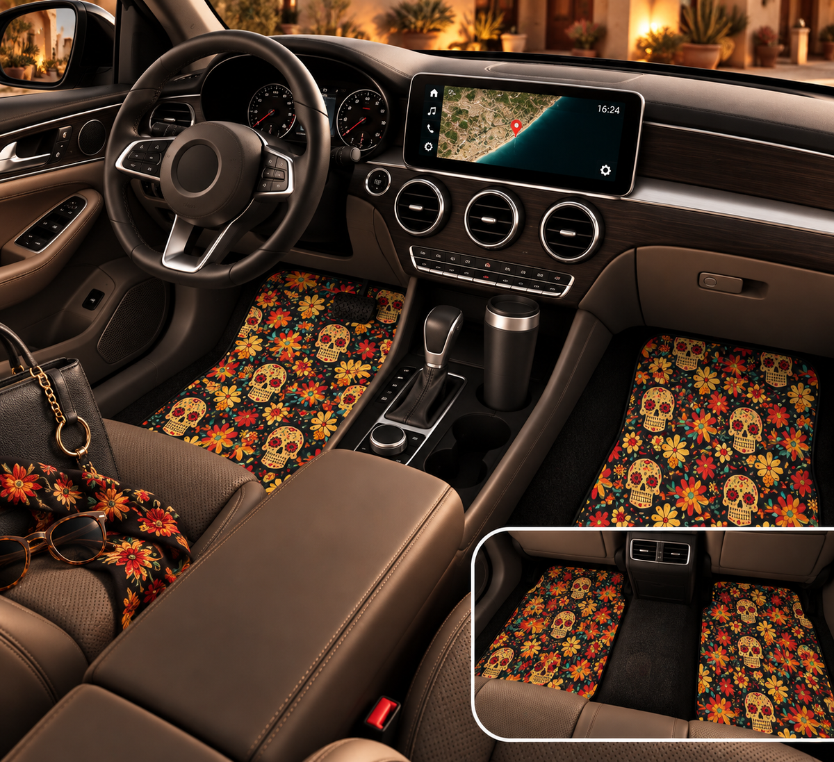 Sugar skull floral car mats shown in a car interior