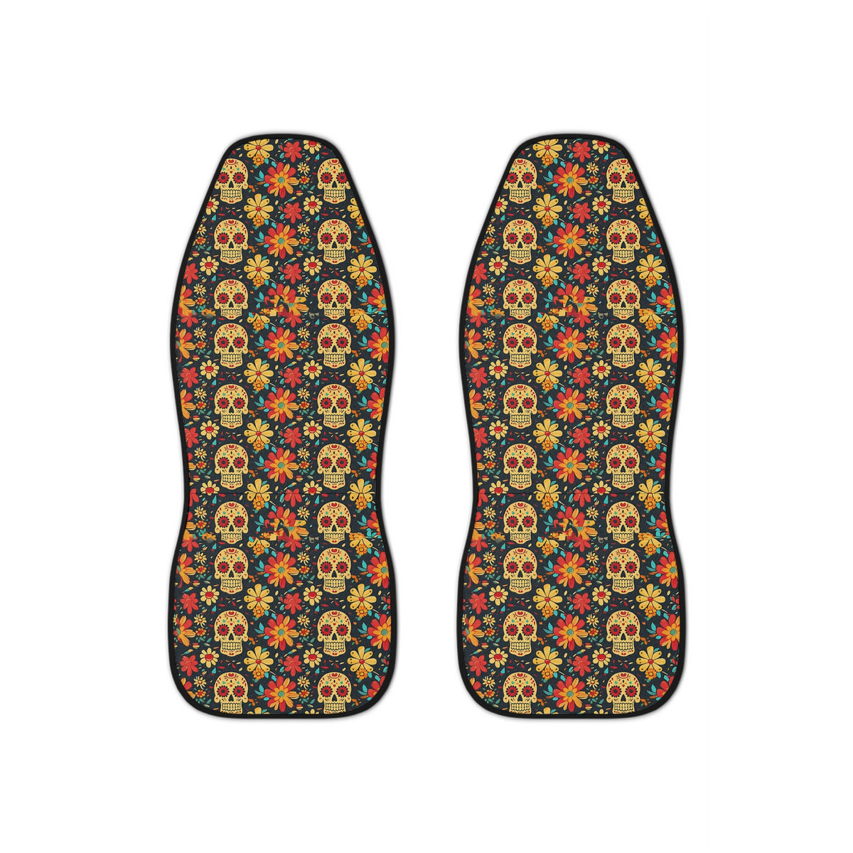Sugar skull floral car seat covers, set of two shown side by side