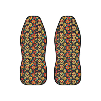 Sugar skull floral car seat covers, set of two shown side by side