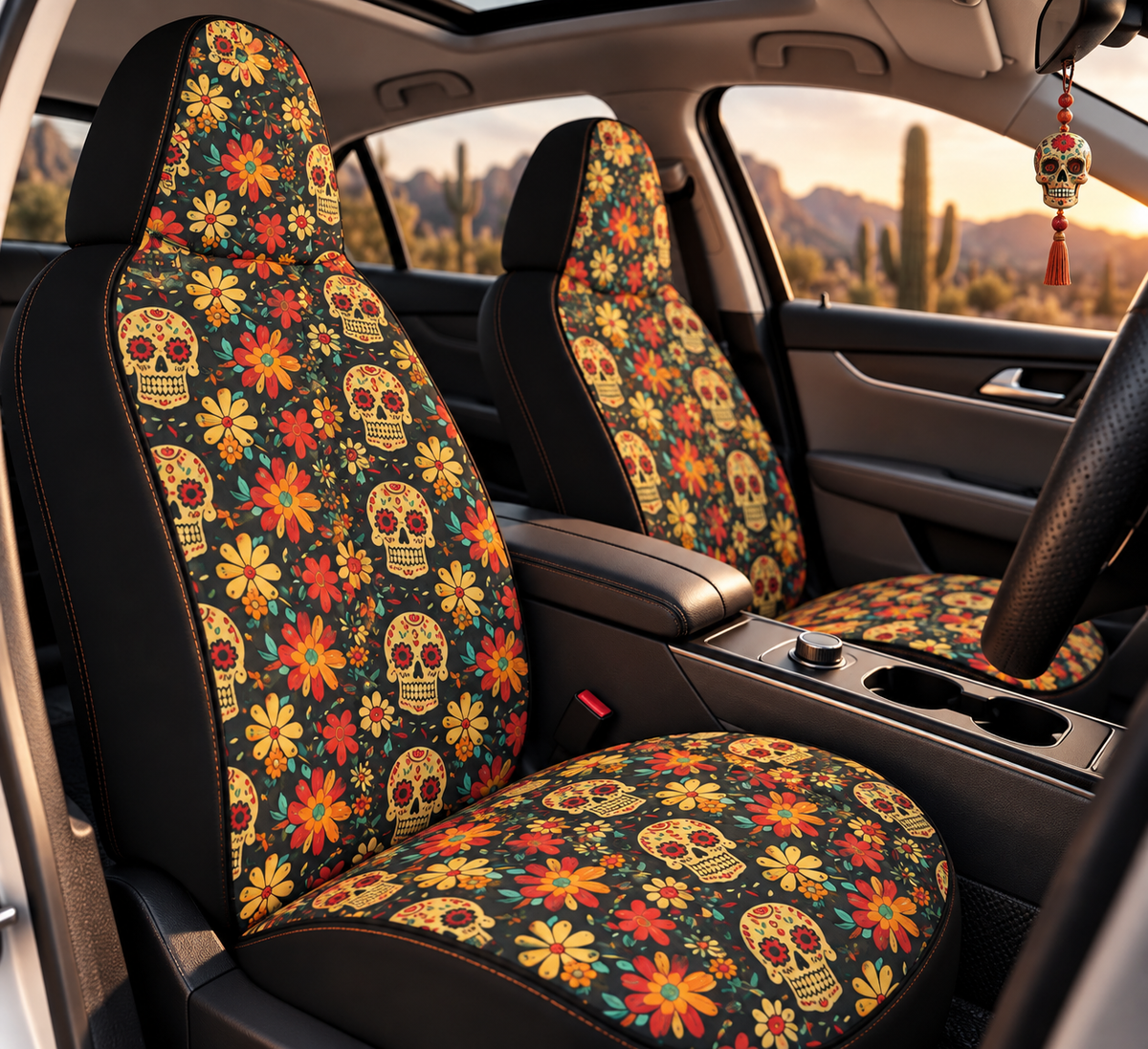 Sugar skull floral car seat covers shown in a car interior