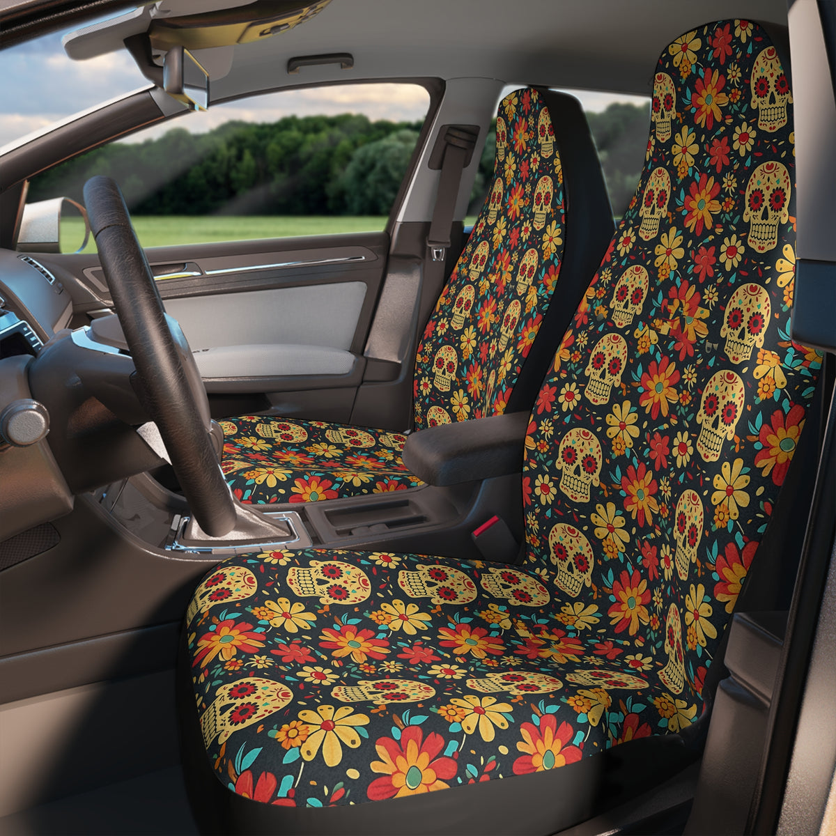 Sugar skull floral car seat covers, fitted on the front seats of a car