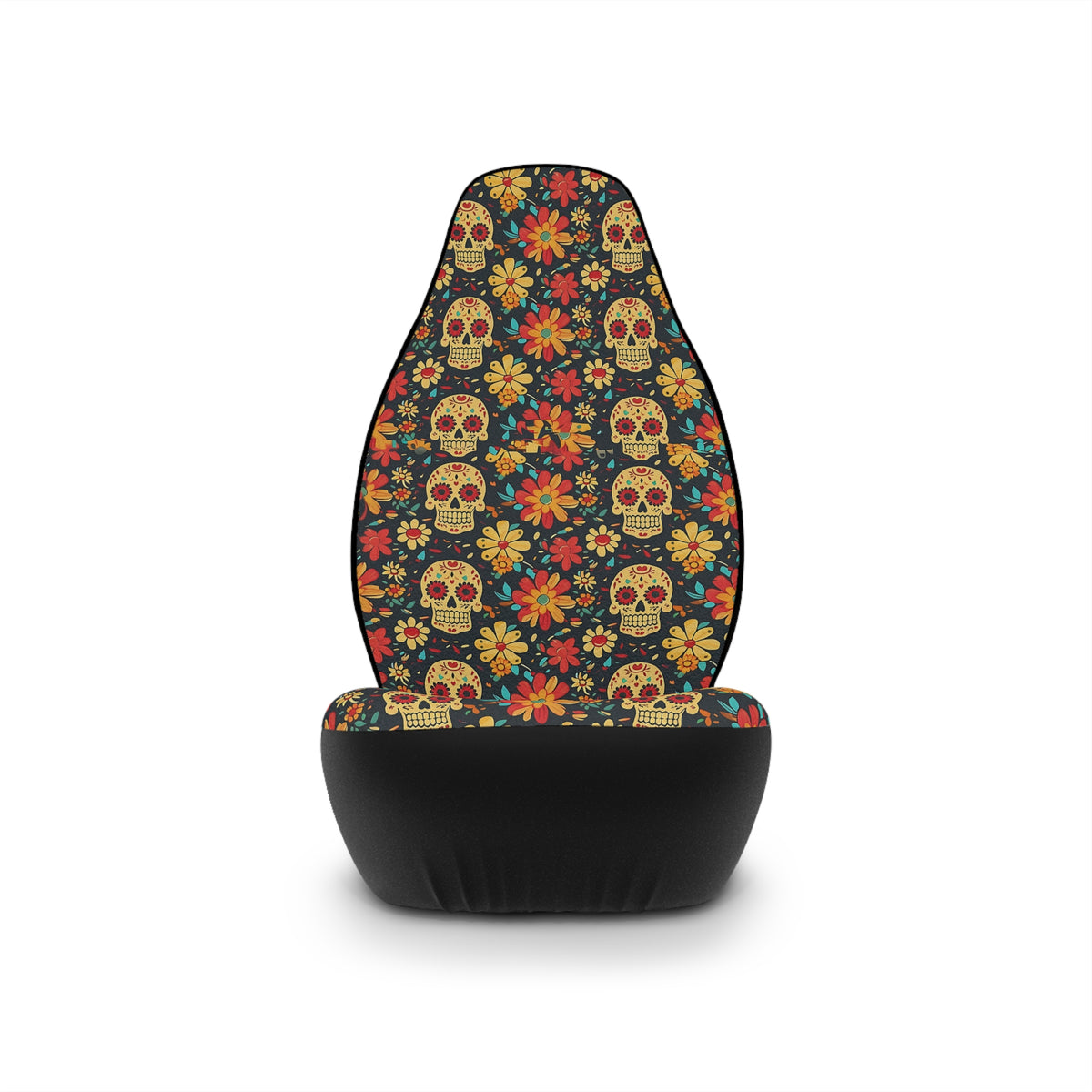 Sugar skull floral car seat covers, single cover on a seat, front view