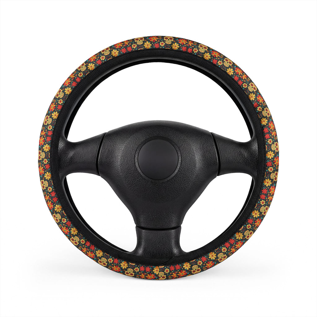 Sugar skull floral steering wheel cover, front view