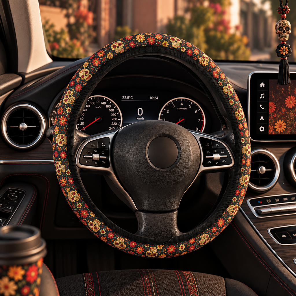 Sugar skull floral steering wheel cover shown in a car interior