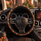Sugar skull floral steering wheel cover shown in a car interior