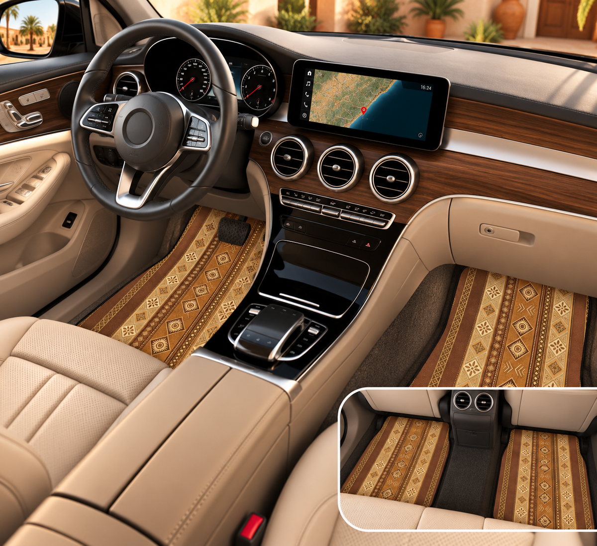 Tan desert boho car mats shown in a car interior