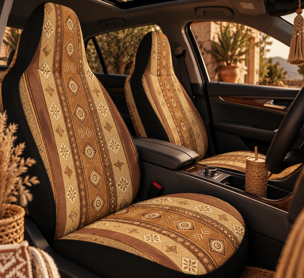 Tan desert boho car seat covers shown in a car interior