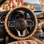 Tan desert boho steering wheel cover shown in a car interior