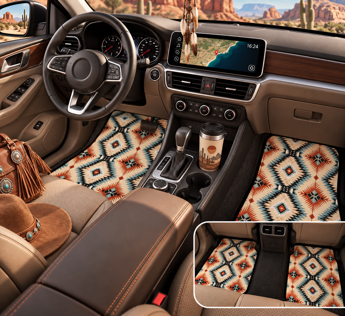 Teal aztec diamond car mats shown in a car interior