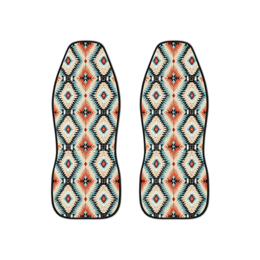 Teal aztec diamond car seat covers, set of two shown side by side