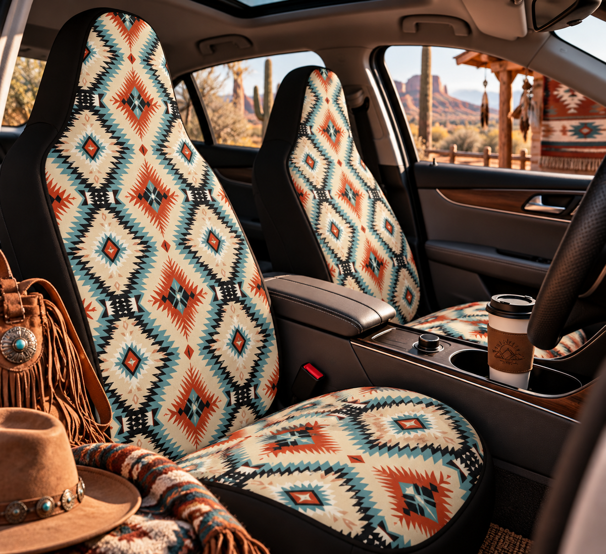 Teal aztec diamond car seat covers shown in a car interior