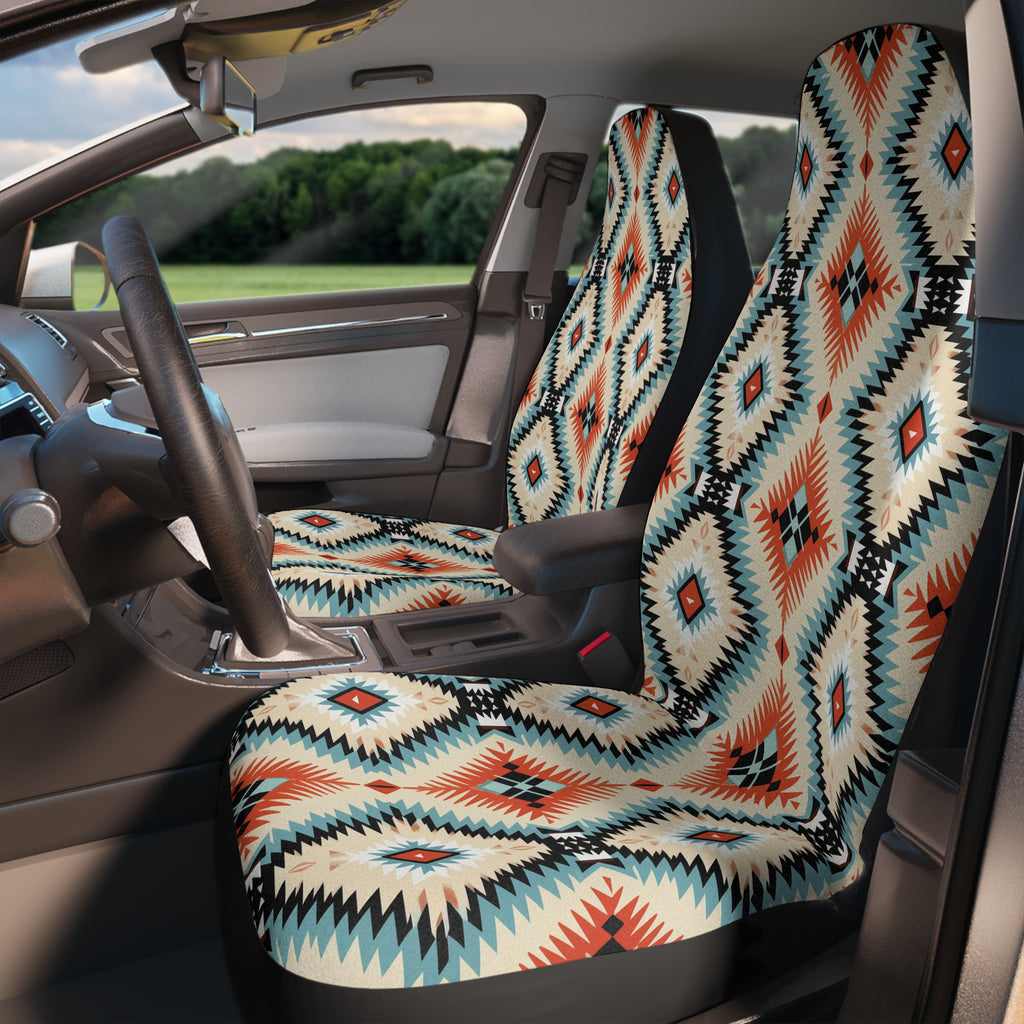 Teal aztec diamond car seat covers, fitted on the front seats of a car