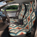 Teal aztec diamond car seat covers, fitted on the front seats of a car