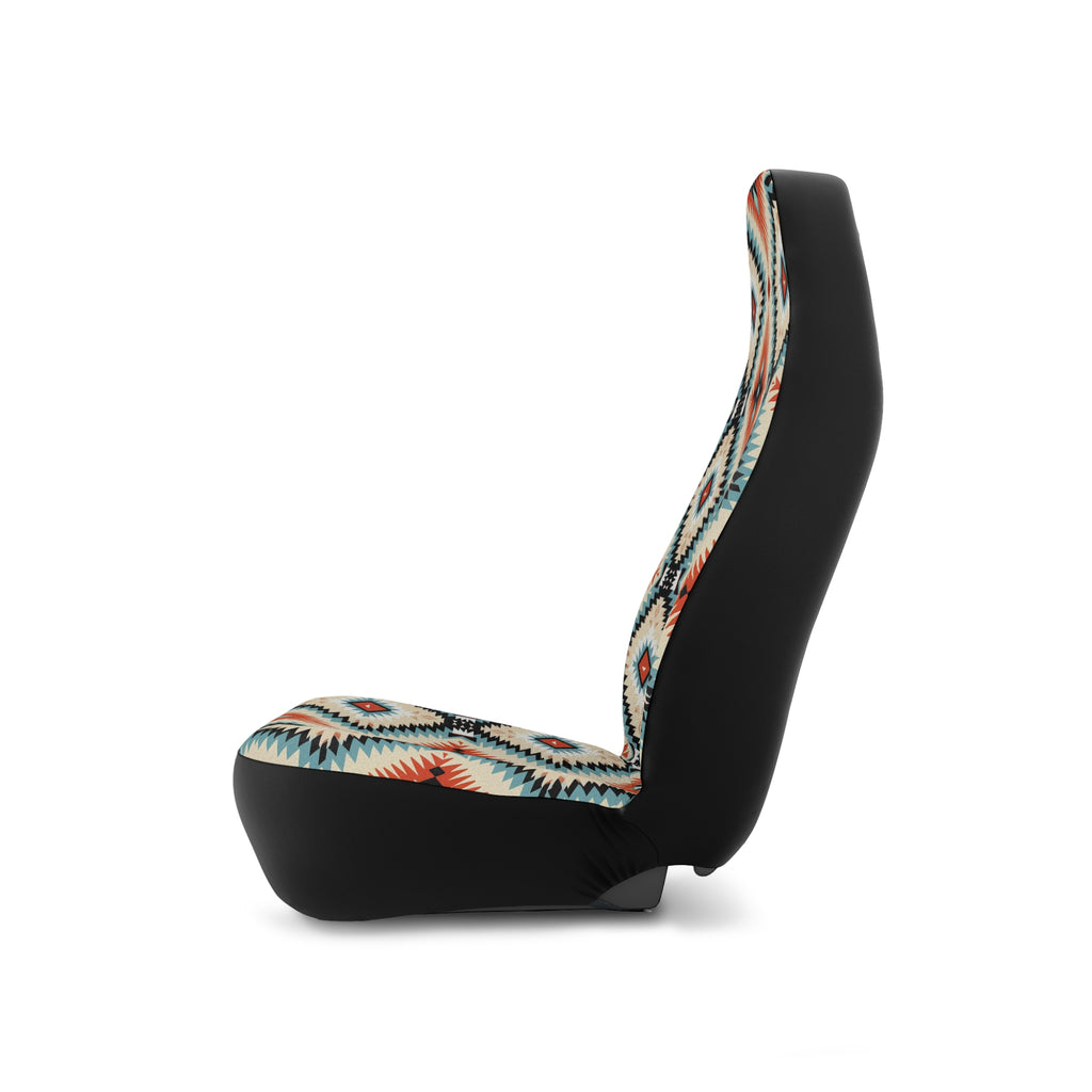 Teal aztec diamond car seat covers, on a seat, side view facing left