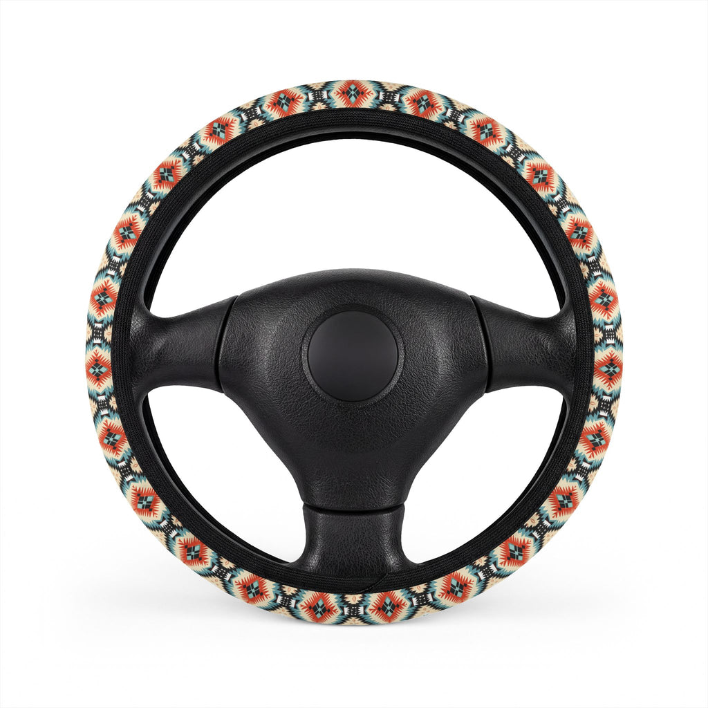 Teal aztec diamond steering wheel cover, front view