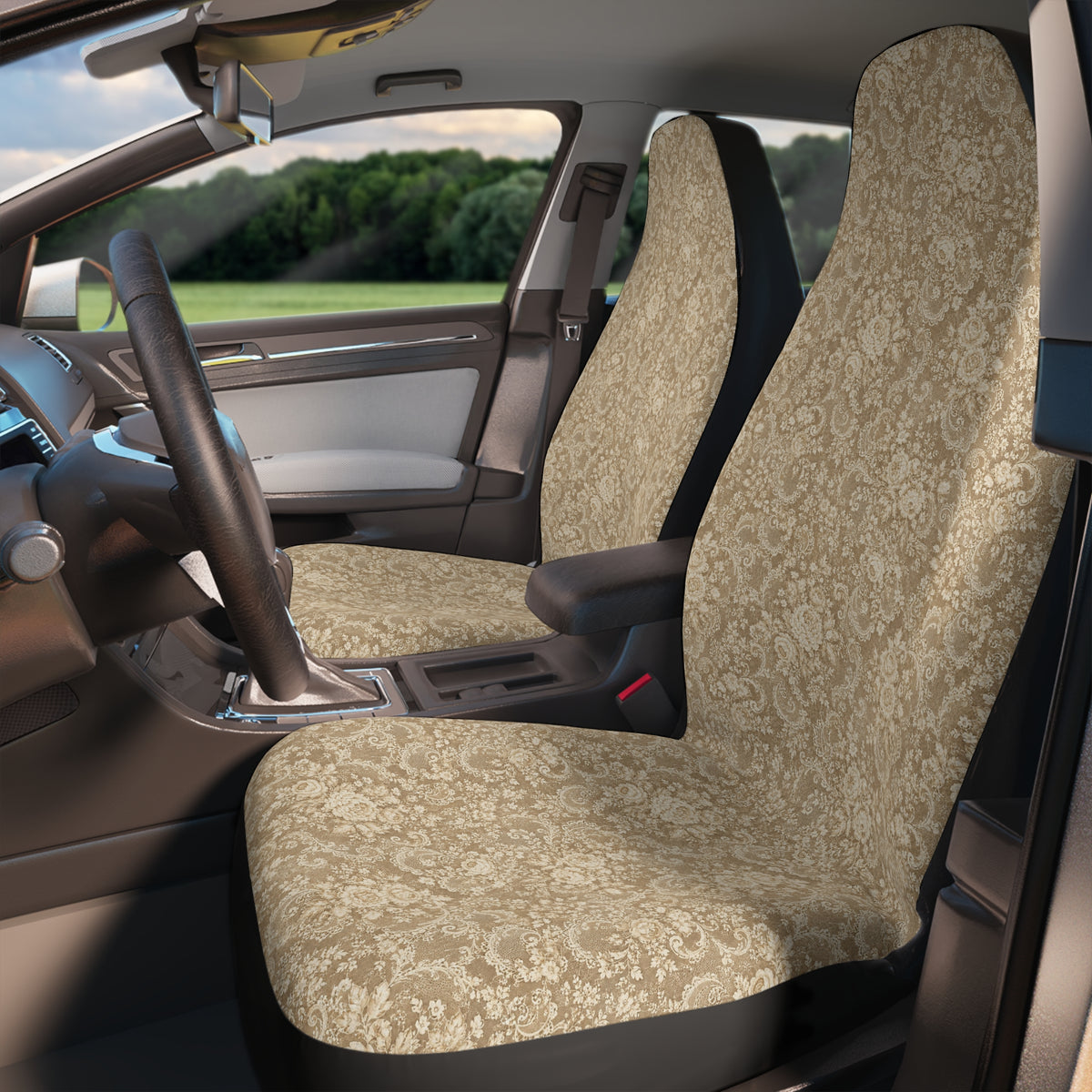 Vintage boho earth tones car seat covers, fitted on the front seats of a car