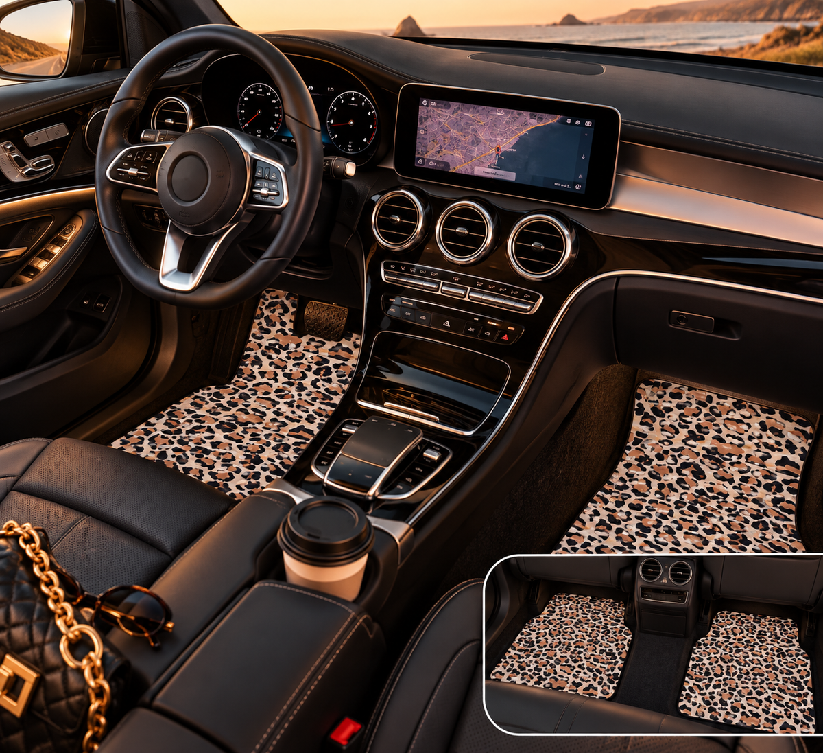 White brown leopard print car mats shown in a car interior