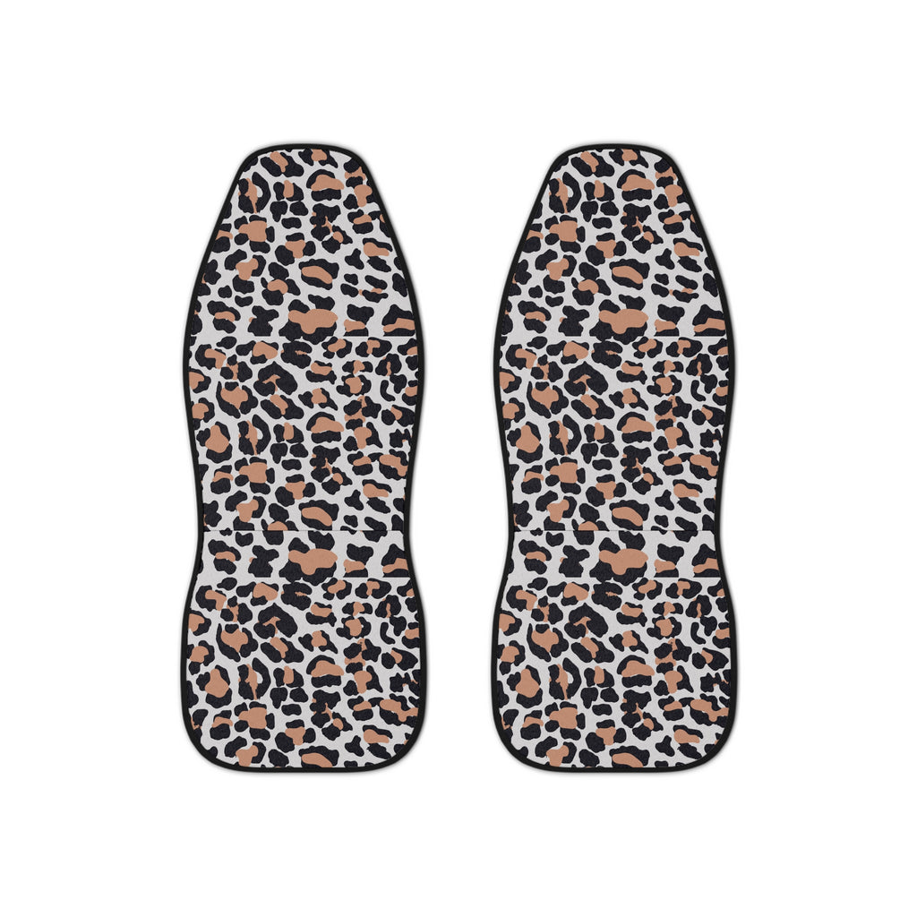 White brown leopard print car seat covers, set of two shown side by side