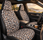 White brown leopard print car seat covers shown in a car interior