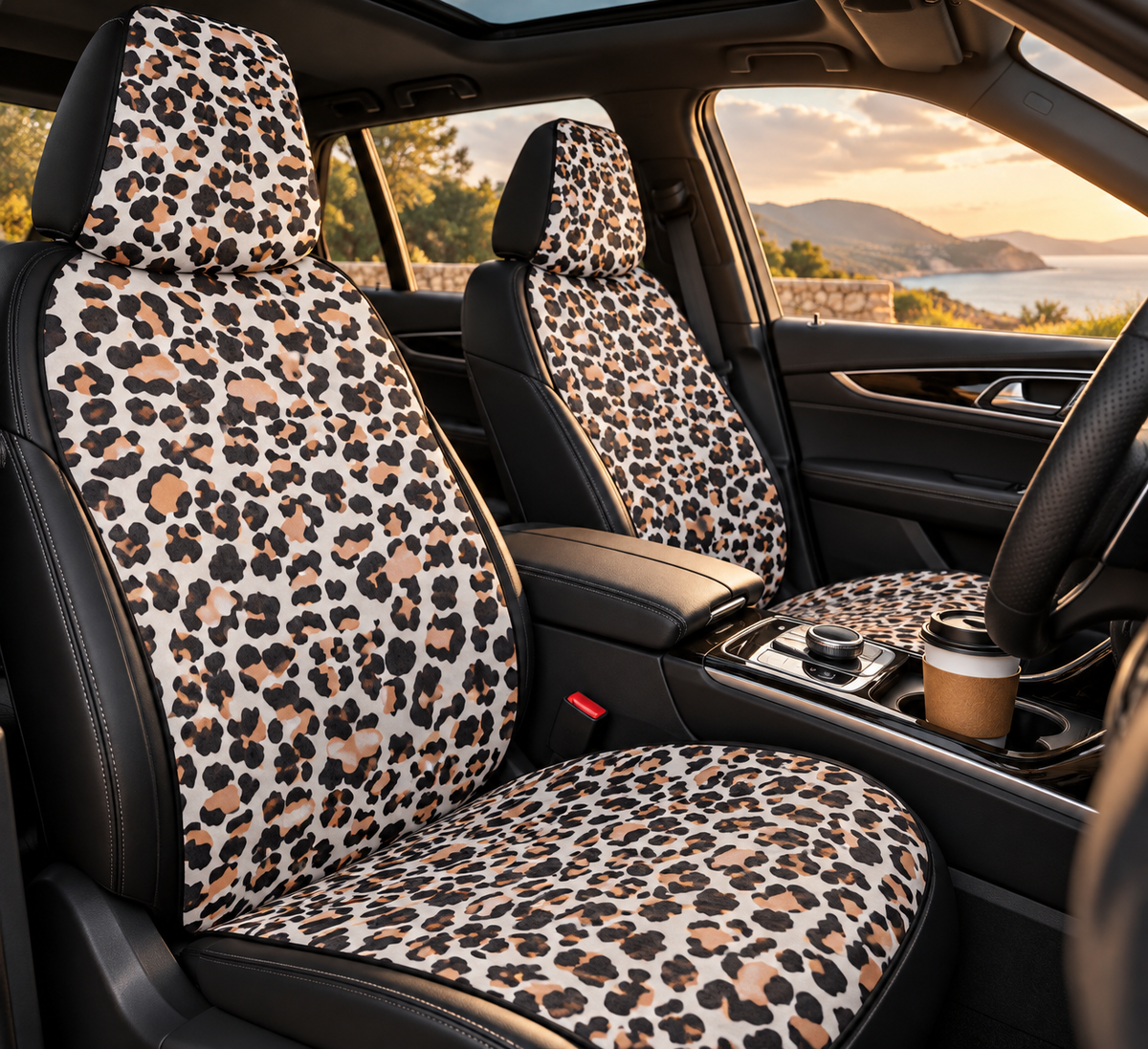 White brown leopard print car seat covers shown in a car interior