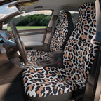 White brown leopard print car seat covers, fitted on the front seats of a car