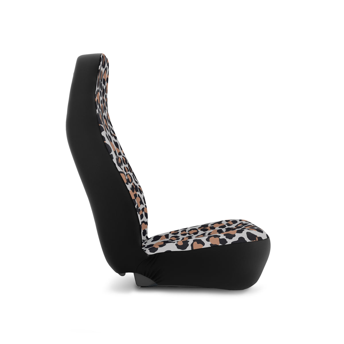 White brown leopard print car seat covers, on a seat, side view facing right