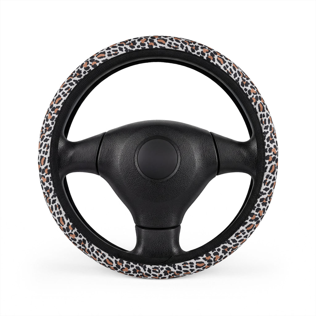 White brown leopard print steering wheel cover, front view