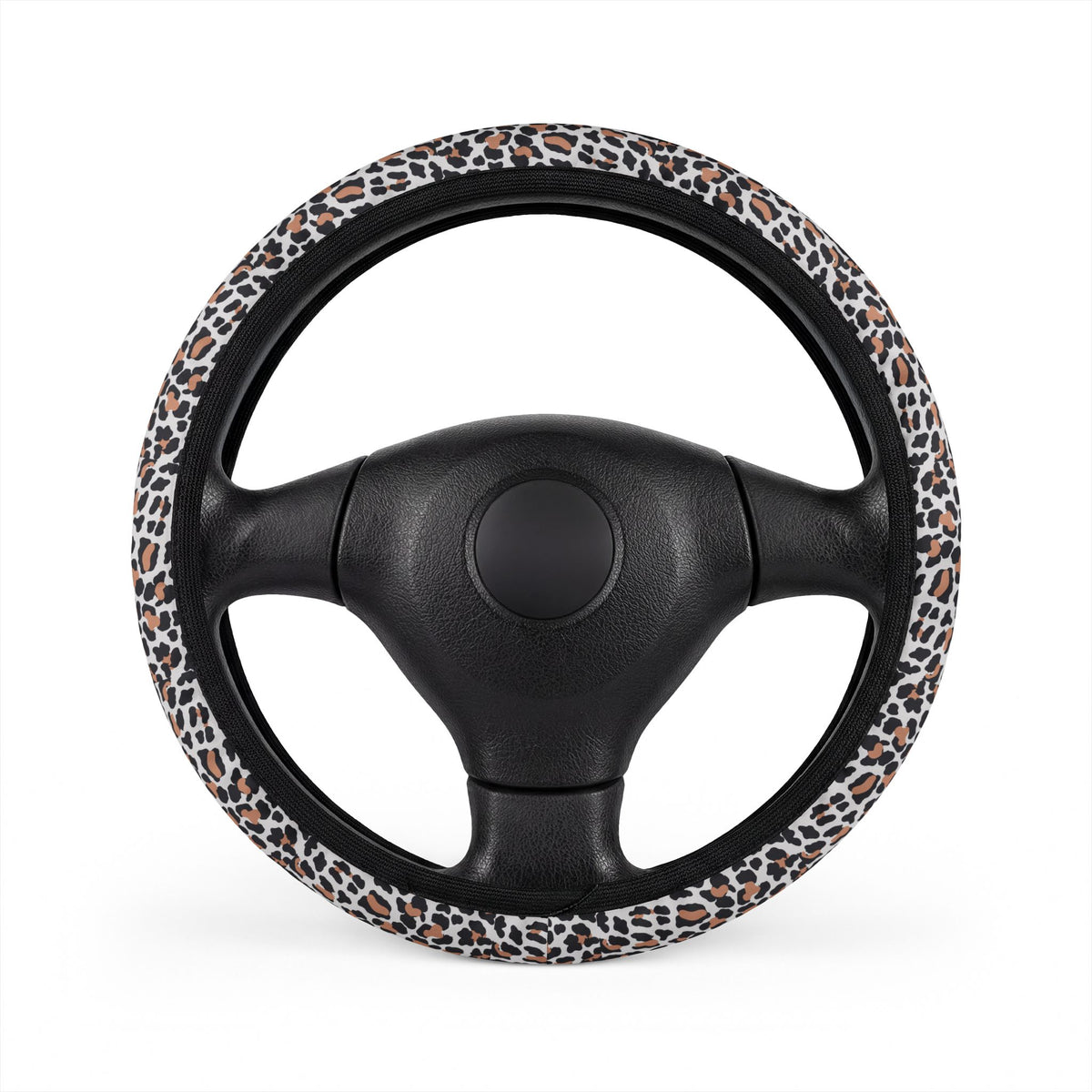 White brown leopard print steering wheel cover, front view