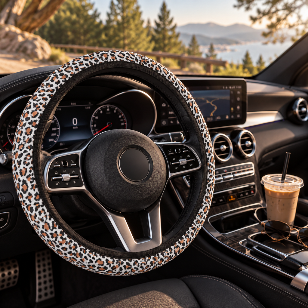 White brown leopard print steering wheel cover shown in a car interior