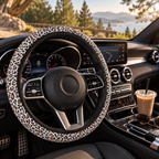 White brown leopard print steering wheel cover shown in a car interior