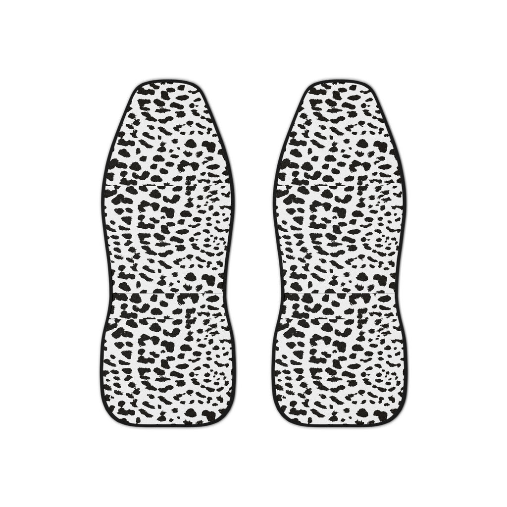White leopard print car seat covers, set of two shown side by side