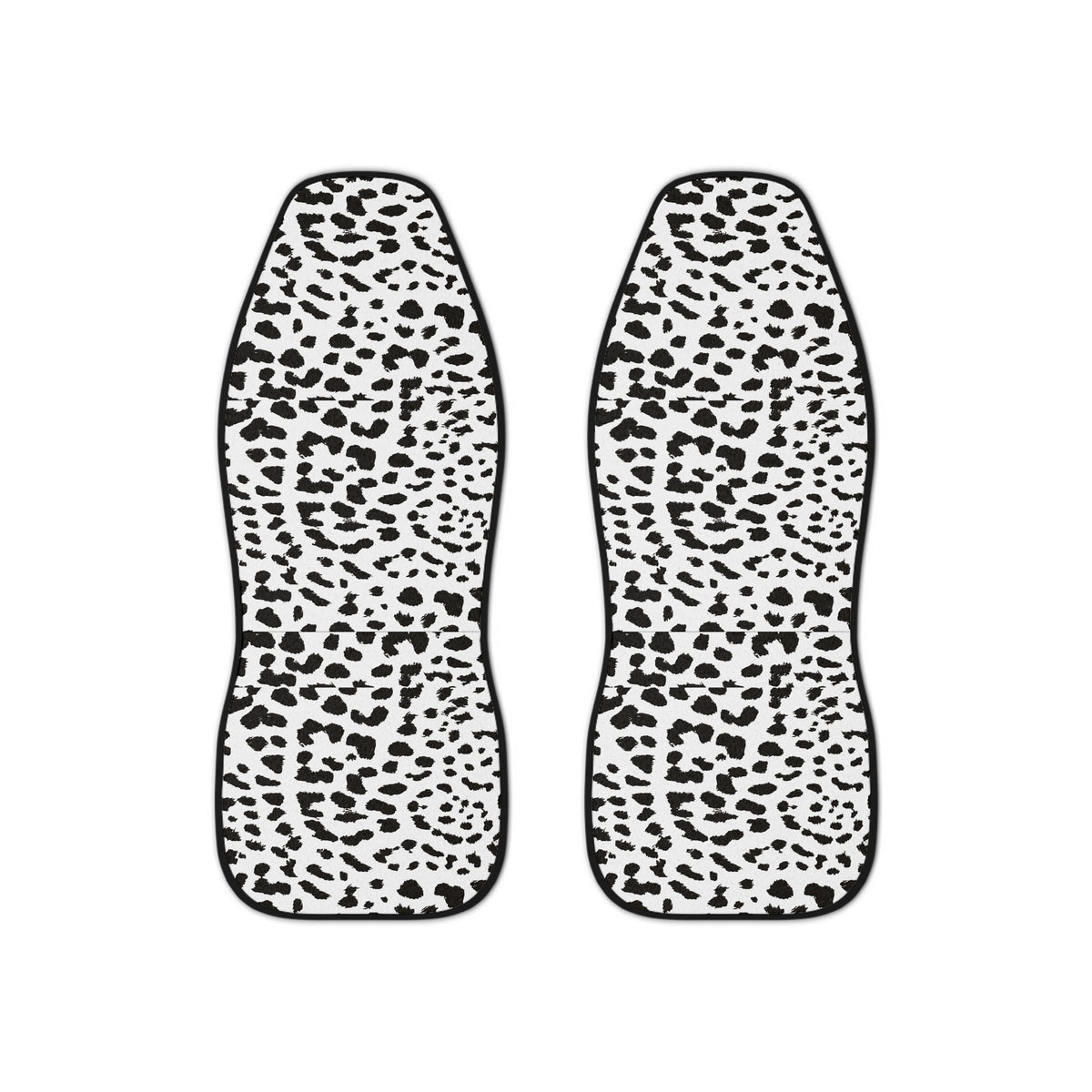 White leopard print car seat covers, set of two shown side by side
