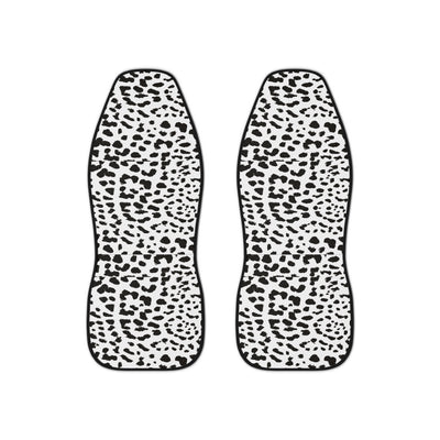 White leopard print car seat covers, set of two shown side by side
