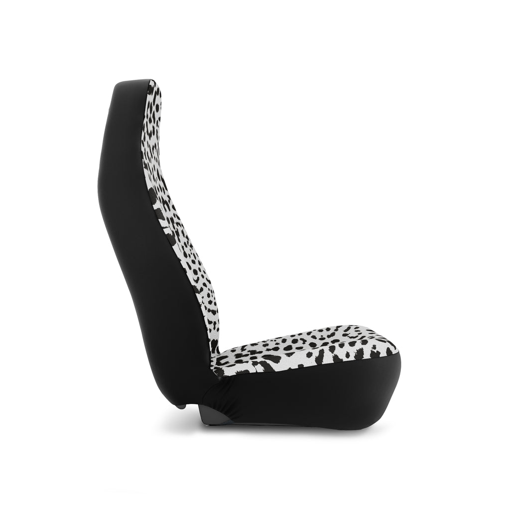 White leopard print car seat covers, on a seat, side view facing right