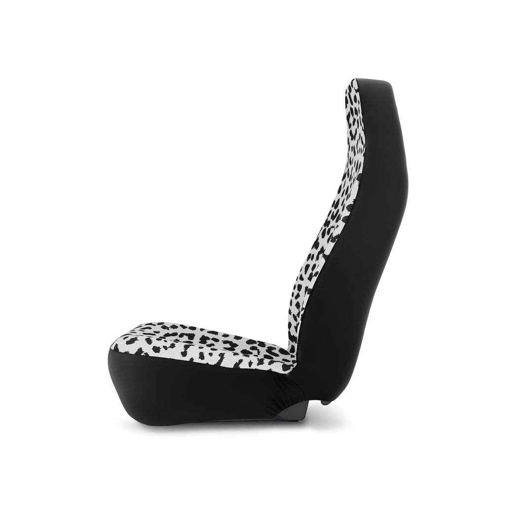 White leopard print car seat covers, on a seat, side view facing left