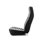 White leopard print car seat covers, on a seat, side view facing left