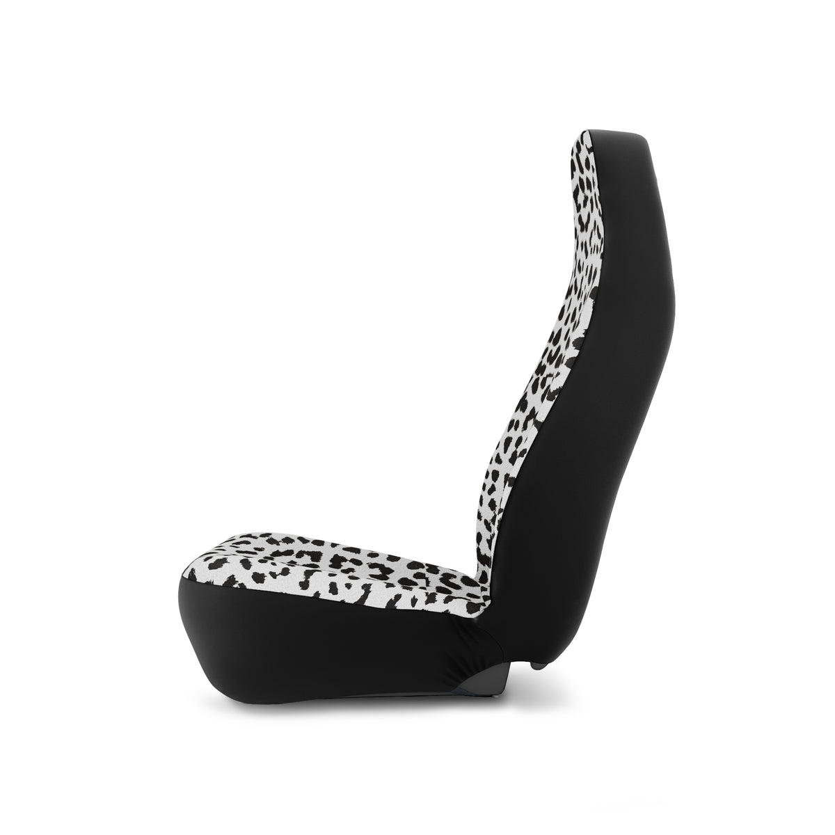 White leopard print car seat covers, on a seat, side view facing left