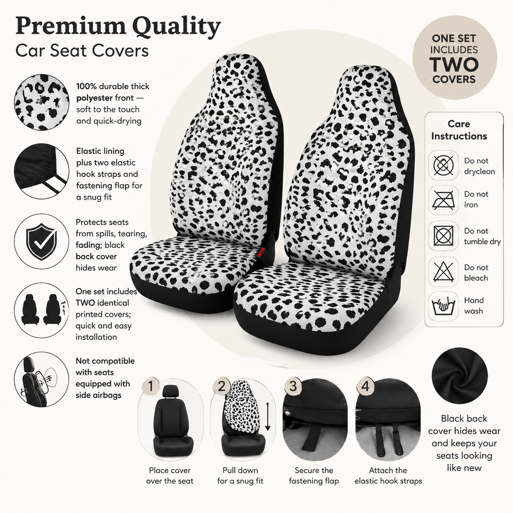 White leopard print car seat covers overview with features, installation steps and care instructions