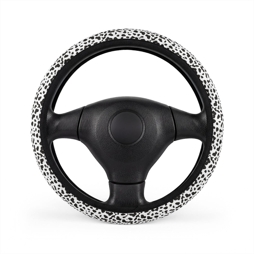 White leopard print steering wheel cover, front view