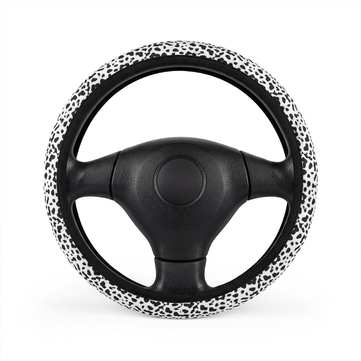 White leopard print steering wheel cover, front view