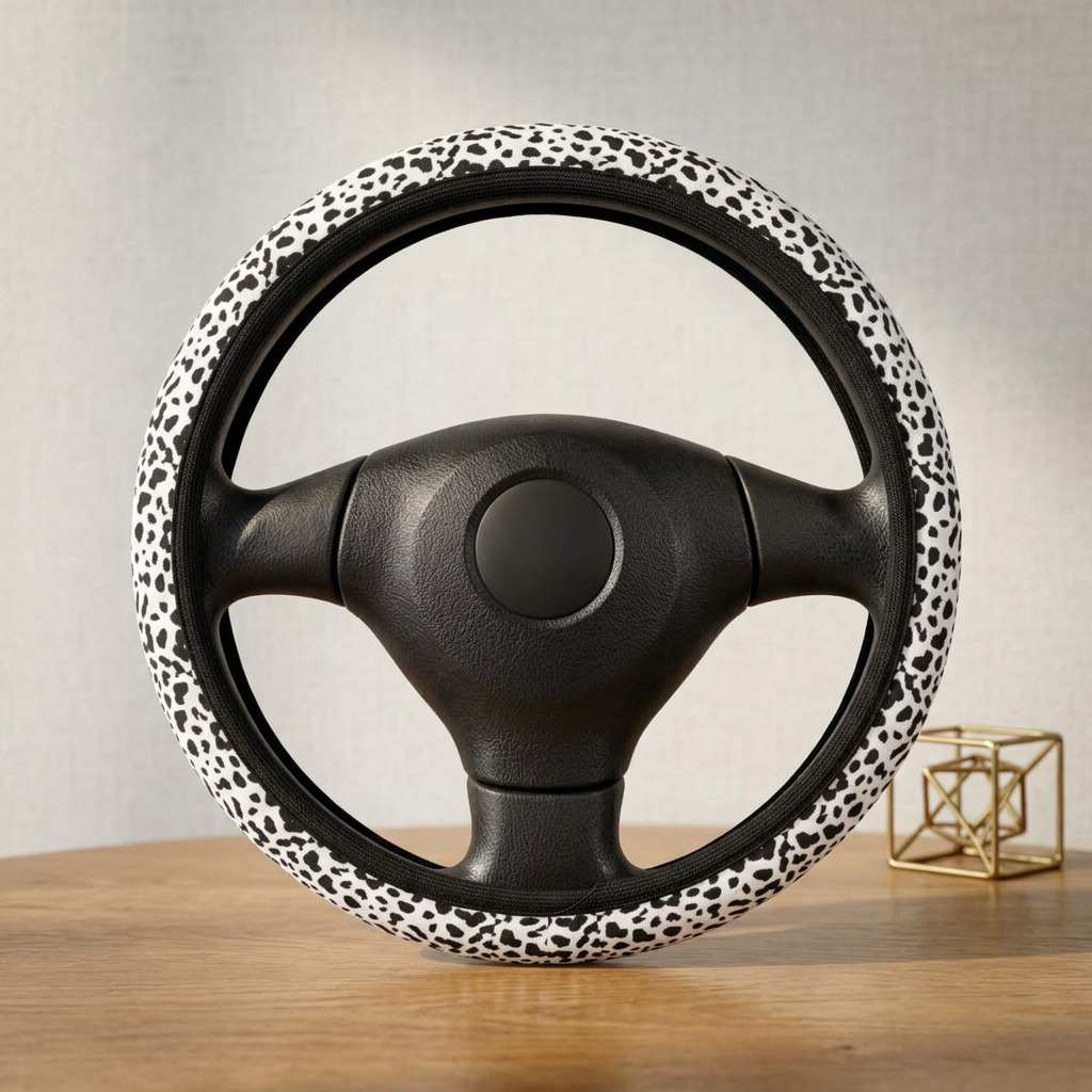 White leopard print steering wheel cover on a wooden table